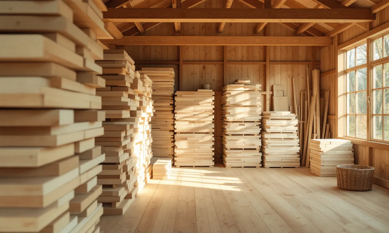 Pine boards stacked in a sunlit timber workshop, editorial illustration